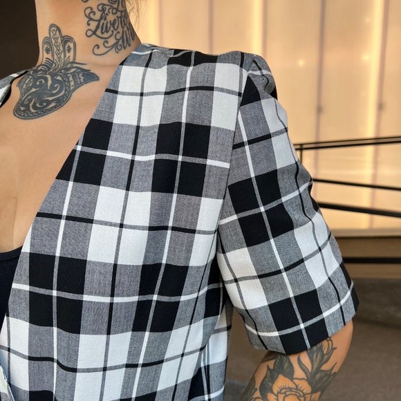 VINTAGE/Women's Long Boxy Short Sleeve Fitted Blazer Plaid Pattern sz 12 - Picture 10 of 16